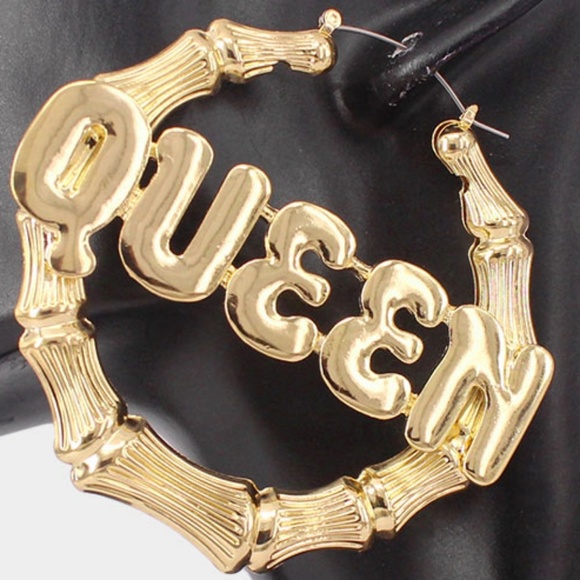 Gold QUEEN Hoop Bamboo Door Knocker Earrings - Picture 2 of 2